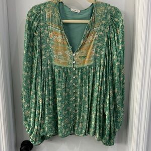 Spell Green Floral Button-Front Blouse with Bandana Yoke